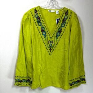 (T7) Carole Little Lime Green Linen Blouse embroidered,Sz XL